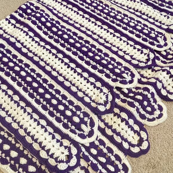 Vintage Crochet Afghan Blanket Striped Purple White - Picture 2 of 4
